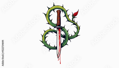 Gothic patterns featuring tattoo elements with blood droplets, a thorny vine forming an infinity symbol with a dagger
