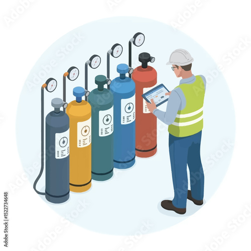 Isometric illustration of a technician inspecting gas cylinders using a tablet device for industrial quality control and safety assessment procedures.