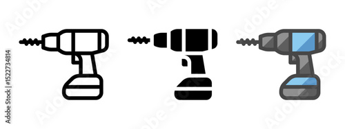 Multipurpose drill vector icon in outline, glyph, filled outline style. Three icon style variants in one pack.