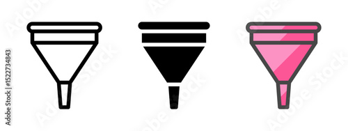 Multipurpose funnel vector icon in outline, glyph, filled outline style. Three icon style variants in one pack.