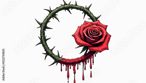 Gothic patterns featuring tattoo elements with blood droplets, thorny vine forming a ring with a metallic rose
