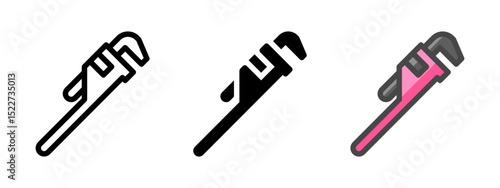 Multipurpose pipe wrench vector icon in outline, glyph, filled outline style. Three icon style variants in one pack.