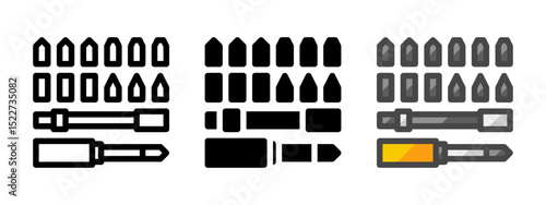 Multipurpose screwdriver bit set vector icon in outline, glyph, filled outline style. Three icon style variants in one pack.