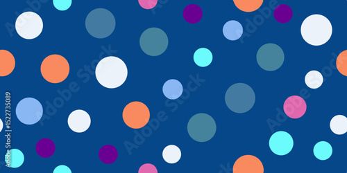 Colorful polka dots in various sizes and hues scattered across a deep blue background, creating a playful and vibrant pattern.