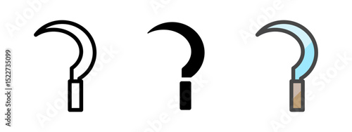 Multipurpose sickle vector icon in outline, glyph, filled outline style. Three icon style variants in one pack.