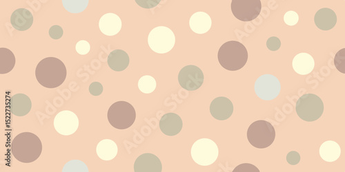 Soft peach background with scattered circles in shades of beige, cream, and muted green, creating a playful, cheerful pattern.