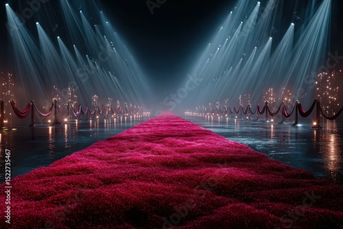 Stunning red carpet event illuminated by dramatic lights at a grand venue in the evening