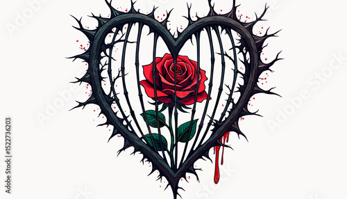 Gothic patterns featuring tattoo elements with blood droplets, a heart-shaped cage enclosing a rose
