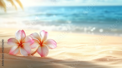 Plumeria flowers on the beach on the sand. selective focus. Generative AI,