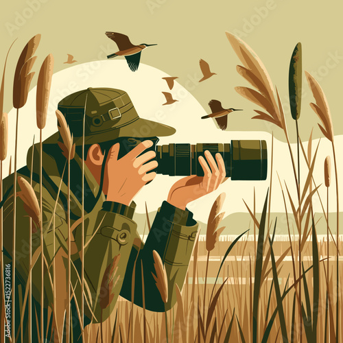 Birdwatcher photographer hiding in reeds with telephoto lens, colored vector illustration