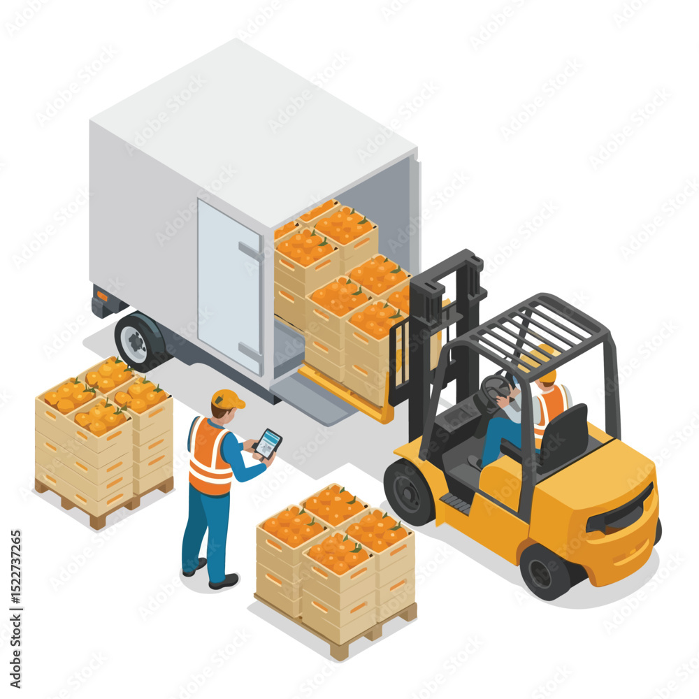 Isometric illustration of fruit delivery process featuring a forklift loading crates of oranges into a truck and a worker checking inventory Isometric illustration of fruit delivery process featuring a forklift loading crates of oranges into a truck and a worker checking inventory