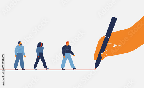 Business team members moving direction by the leader. Manager or boss drawing by pen strategy line for employees to achieve goal or target. Planning job and motivation staff. Vector illustration