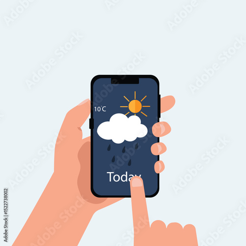 Hand holding smartphone weather forecast on the phone screen with a weather forecast icon vector illustration.