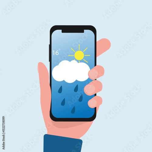 Hand holding smartphone weather forecast on the phone screen with a weather forecast icon vector illustration.