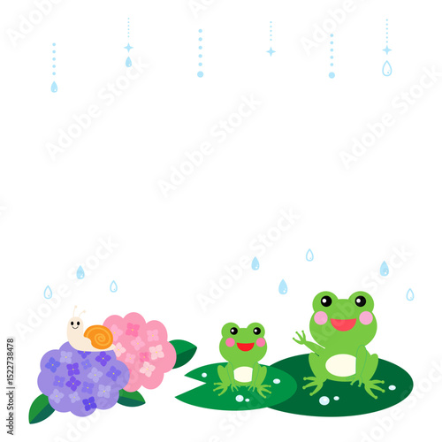 梅雨の時期の紫陽花とカエル　イラスト