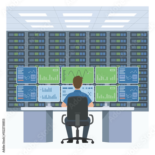 It specialist monitoring server room operations analyzing data on multiple computer monitors depicting server and network performance