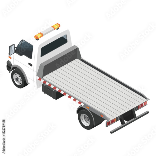 Isometric view of a flatbed tow truck designed for vehicle recovery in an emergency situation for roadside assistance ready to serve in urban and rural areas