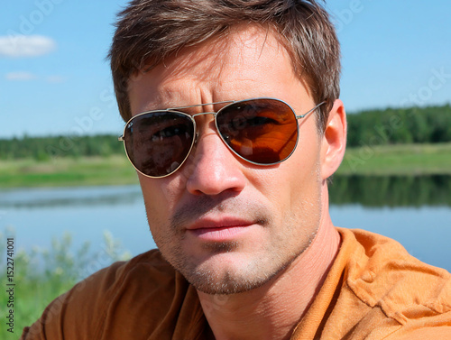 Man wearing sunglasses outdoors near lake with forest background under clear blue sky
