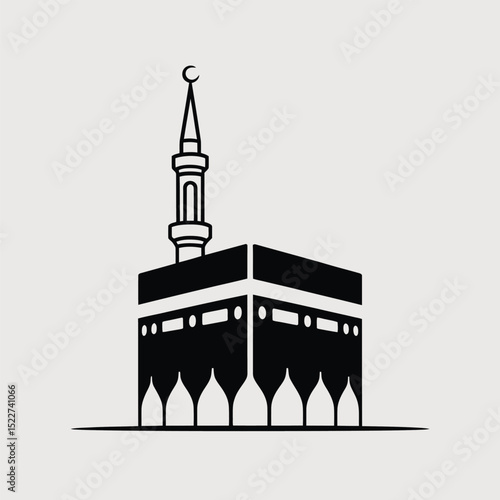 Vector illustration of the kaaba, islam's holiest site, depicted in a clean and minimalist black and white style with crescent moon detail