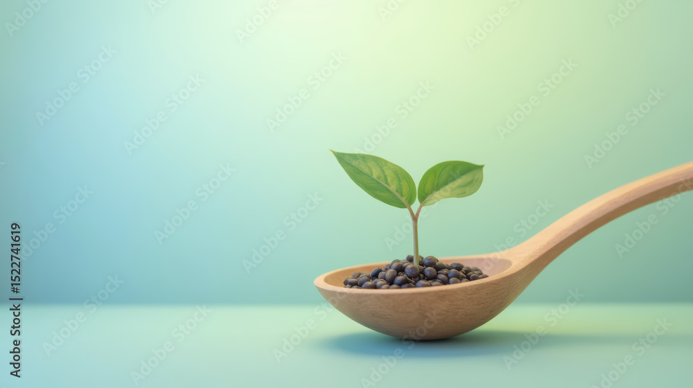Small plant with two leaves grows from wooden spoon filled with seeds, symbolizing growth and nurturing Small plant with two leaves grows from wooden spoon filled with seeds, symbolizing growth and nurturing