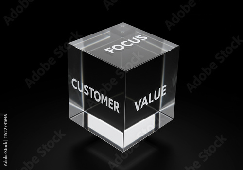Core Principles of Success - A crystal-clear cube engraved with “Focus,” “Customer,” and “Value” symbolizes the essential building blocks of business success.