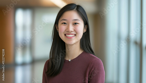 Free Download Retrato de uma jovem mulher asiática sorrindo e olhando para a câmera - GFXLoad