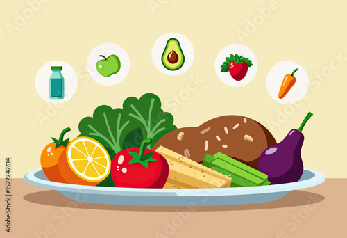 Flat vector concept of healthy eating showing a balanced plate with vegetables, fruits, proteins, and grains, alongside nutrition pyramid icons and clean layout for dietary education visuals
