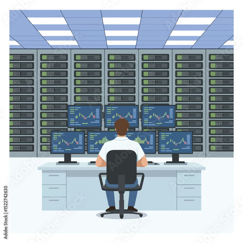 A stockbroker working on his computer in a server room monitoring financial market trends and analyzing real-time charts to make informed investment decisions within a modern trading environment.