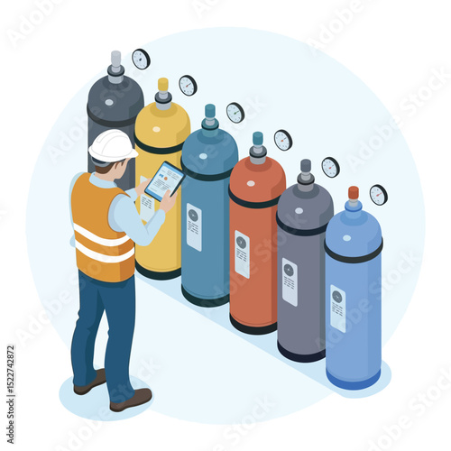 An illustrated view of a worker inspecting industrial gas cylinders with a tablet device for pressure measurements within a facility.