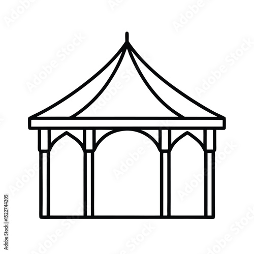 Simple black line art illustration of a gazebo with a tented roof for outdoors events and designs