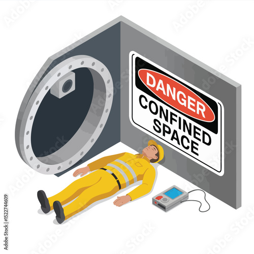 Isometric illustration depicting the hazards of confined space entry a fallen worker is near an entrance with a danger sign and a monitoring device