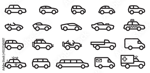 various civilian car vehicle simple line outline silhouette side view set icon symbol vector on transparent background