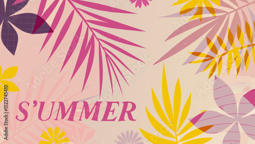 Illustration of summer with pink text and floral and leaf elements on a light background design style