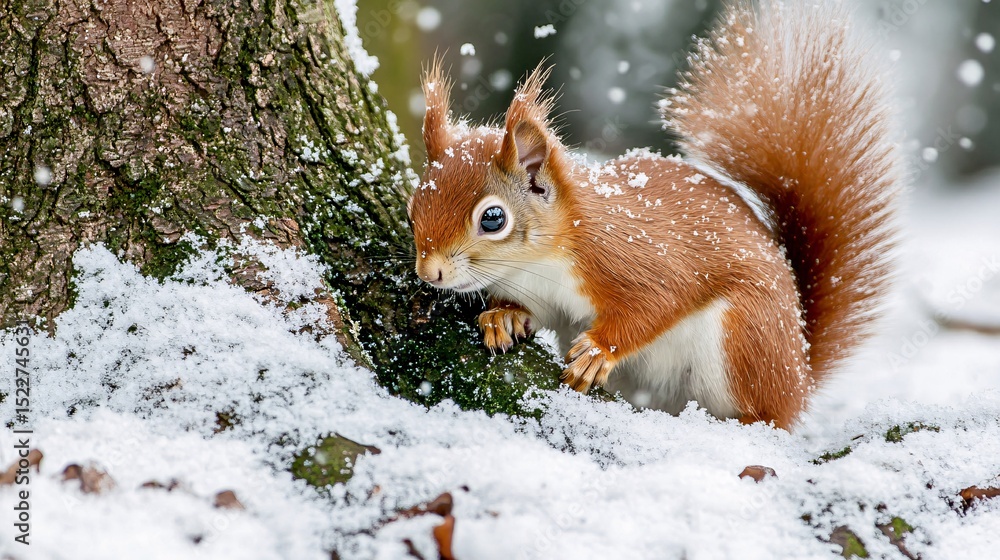 Fototapeta premium Playful Squirrel Frolicking in Snowy Winter Wonderland Near Tree