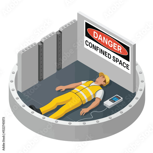 Isometric illustration of an unconscious worker in a confined space displaying safety hazard and risk assessment equipment and warning sign