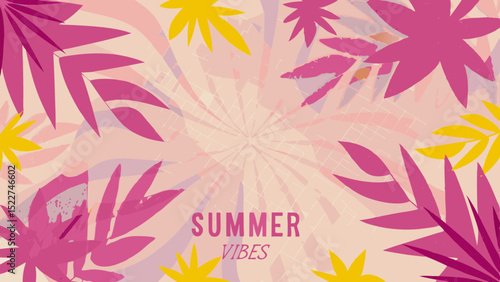 Summer vibes background with pink and yellow tropical leaves and a light pink radial burst design