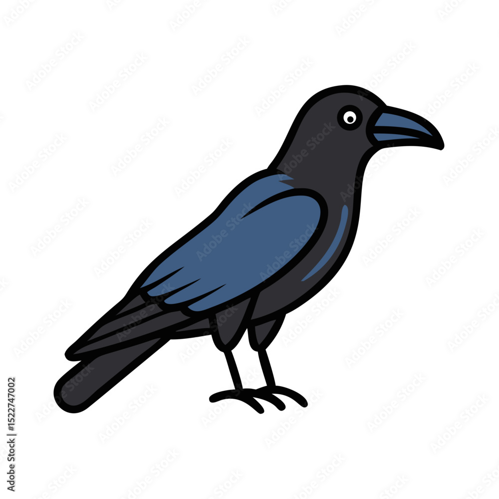 Fototapeta premium Cartoon raven bird with blue accents standing on a solid background 