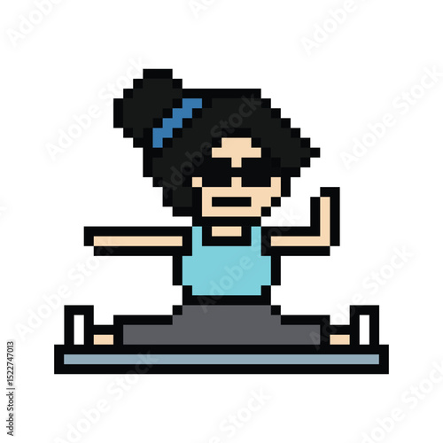 Cute pixel cartoon 8bit character woman yoga stretch exercises training lifestyle vector decoration life style 8 bit female girl exercise gym yoga class fitness warm game vector.