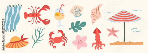 Bon voyage doodle illustration set. Vector hand drawn mediterranean Italian coast sea, seafood, beach print elements. Summer vacation icon collection for party invitation, picnic, wall decor element.