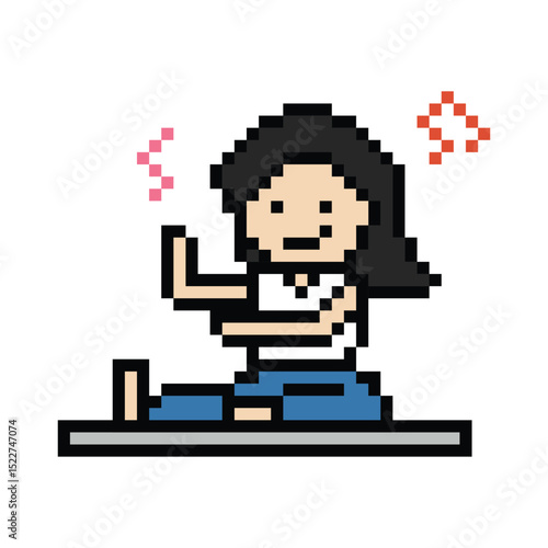 Cute pixel cartoon 8bit character woman yoga stretch exercises training lifestyle vector decoration life style 8 bit female girl exercise gym yoga class fitness warm game vector.