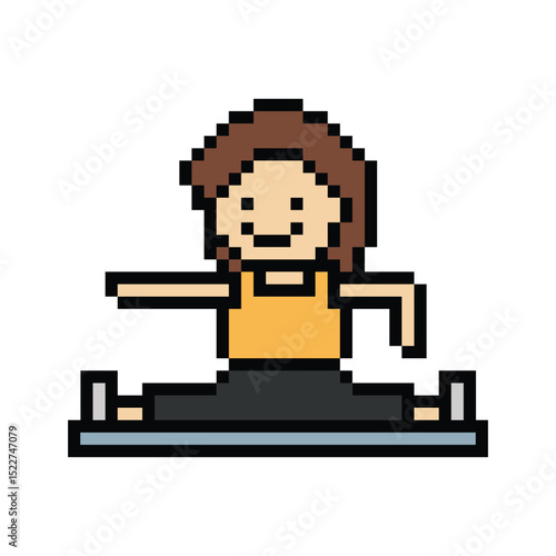 Cute pixel cartoon 8bit character woman yoga stretch exercises training lifestyle vector decoration life style 8 bit female girl exercise gym yoga class fitness warm game vector.