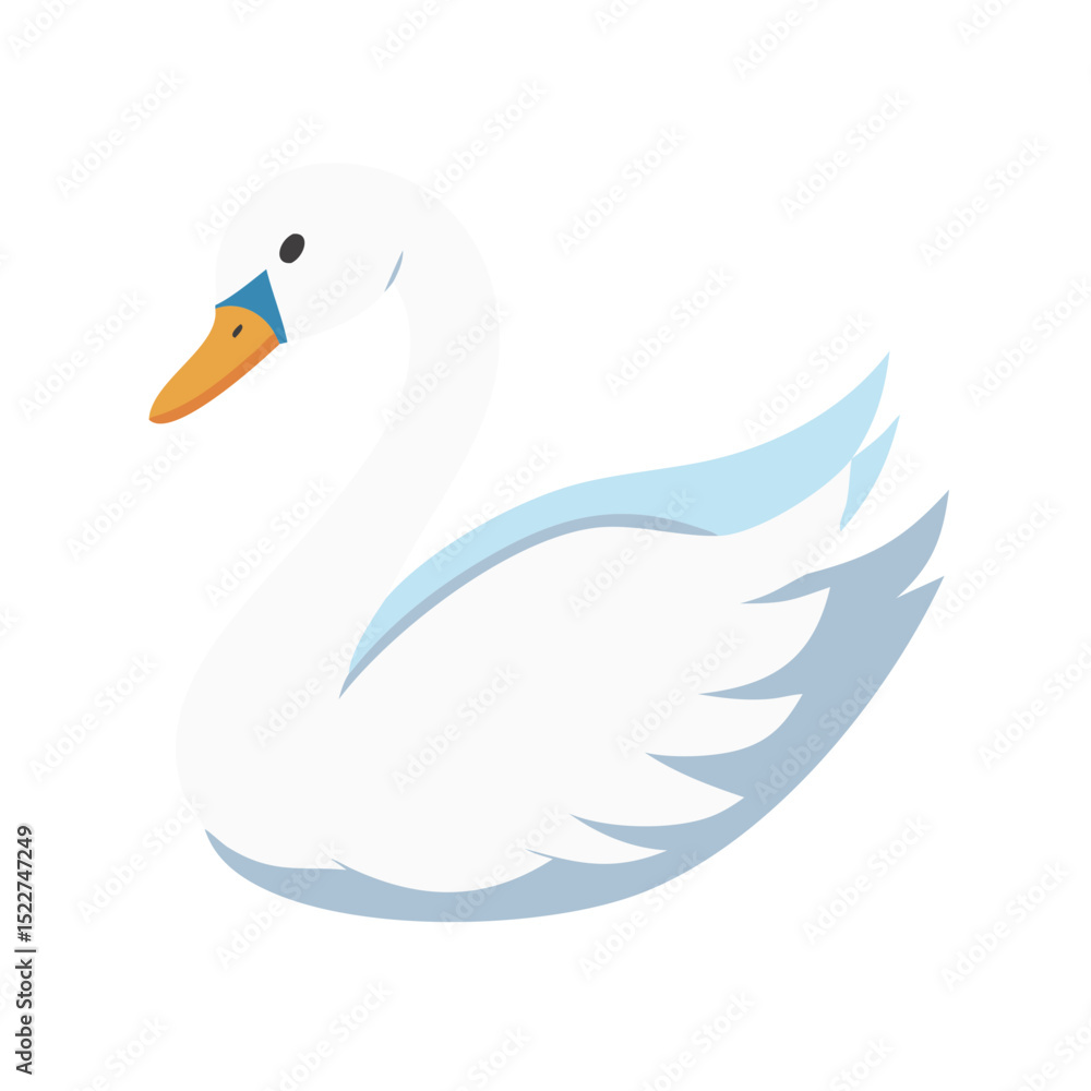 Fototapeta premium Cartoon swan swimming with white feathers and blue accents 