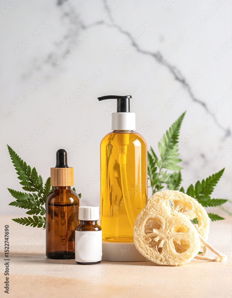 Fototapeta premium A sleek glass bottle of essential oil sits beside an open jar filled with aromatic oils and fresh green leaves, evoking a sense of natural wellness.