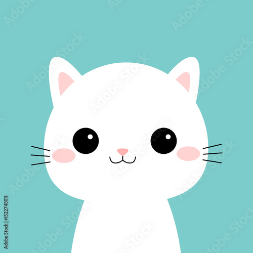 White cat. Cute face head icon. Kawaii kitten, kitty. Cartoon funny baby character. Sticker print. Flat design. Blue background. Isolated. Vector illustration