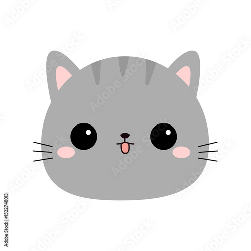 Cute gray cat face head round icon. Kawaii kitten, kitty. Cartoon funny baby character. Pink tongue. Sticker print. Flat design. White background. Isolated. Vector illustration