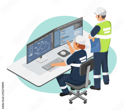 Female industrial engineer designing mechanical component on dual monitor workstation in modern control room environment