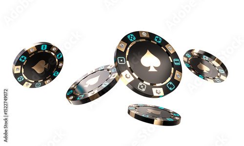 Sticker Black and gold casino chips with glowing blue dice 3d