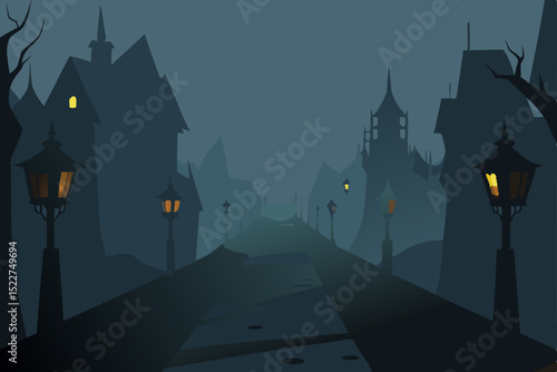  dark fog covered street lined with eerie lane