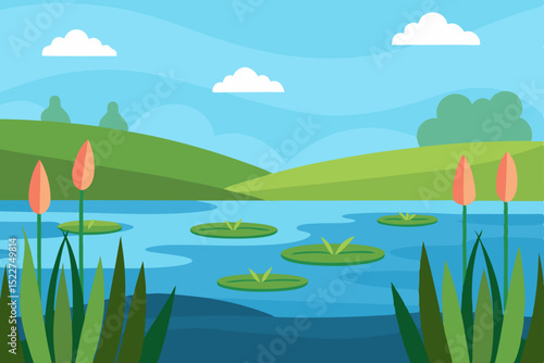 a peaceful lakeside with water lilies and spring 