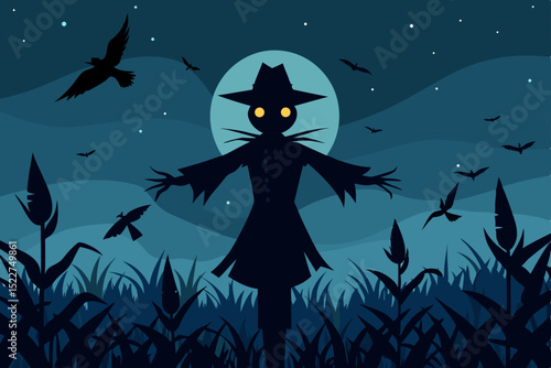 a scarecrow in a moonlit cornfield surrounded 